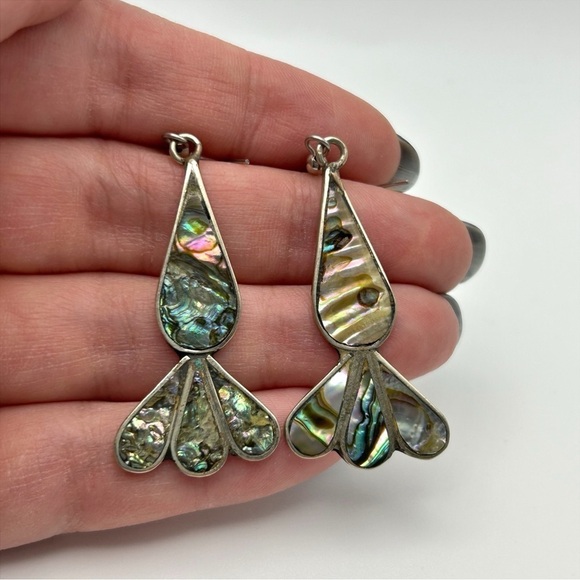 Vintage Alpaca Mexico Genuine Abalone Shell Carrot Design Dangle Pierced Earring - Picture 11 of 11